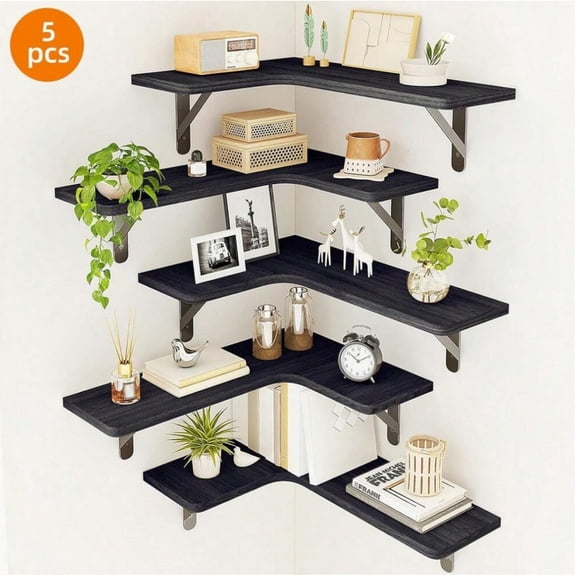 5/6pcs Corner Floating Shelves, Wall Shelf, Bookshelf, Wall Mounted Corner Shelf , Carbonized Wall Storage Shelves