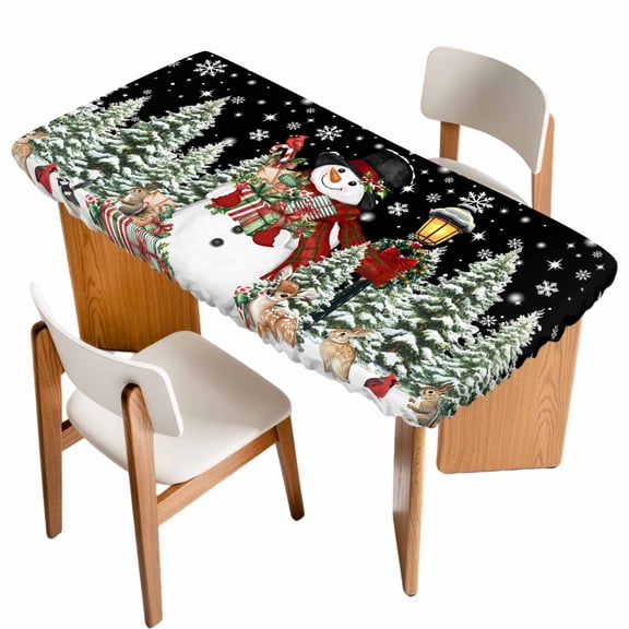 Black Christmas Table Cloths for 5 Foot Rectangle Tables, Snowman Xmas Snowflake Botanical Tree Patio Waterproof Elastic Fitted Tablecloths, Washable Rectangular Table Cover for Camping