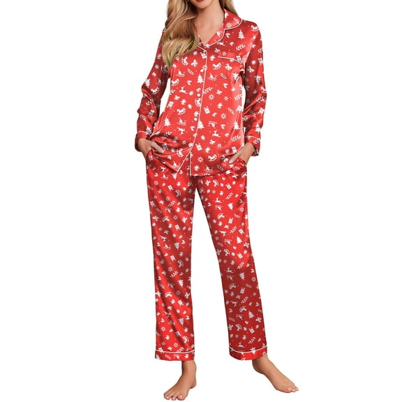 Avidlove Women's Christmas Satin Pajamas Set Long Sleeve Sleepwear Soft Button Down Pj Set 2 Piece Loungewear S-XXL