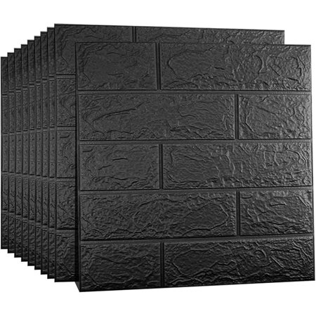 10 PCS Black 3D Wall Panels, 14.5 sq.feet Coverage, Printable Wallpaper Sticker with Self-Adhesive Waterproof Brick PE Foam Wall Panels Peel and Stick for Interior Wall Decor, Home Decoration