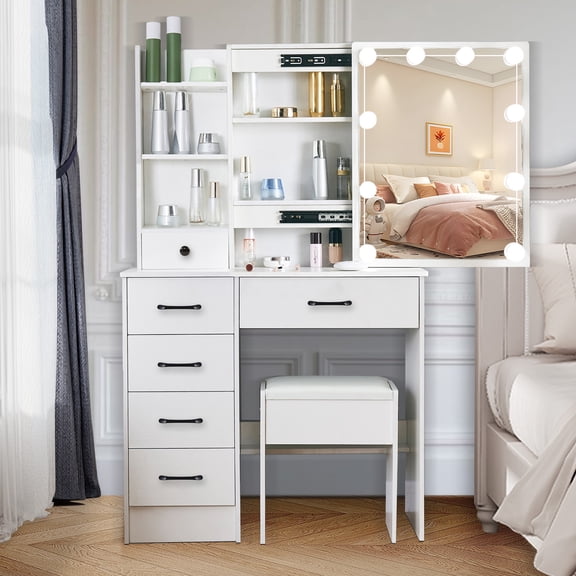 Pmxloes White Makeup Vanity Desk Set with 3-Color LED Lights Mirror and Stool Modern Vanity Table with 6 Drawers and 5 Storage Shelves for Bedroom and Dressing Room