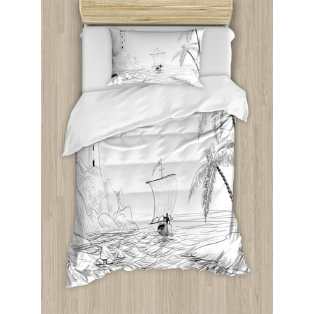 Beach Duvet Cover Set Seascape Sketch With Boat Palm Tree And