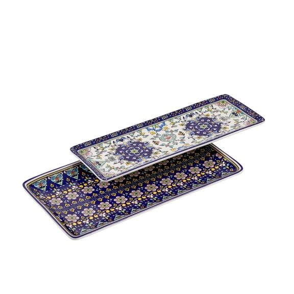 Bico Mandala Kaleidoscope Ceramic 14 inch Rectangular Serving Platter, Set of 2, for Serving Salad, Pasta, Cheese, Ham, Appetizer, Microwave & Dishwasher Safe
