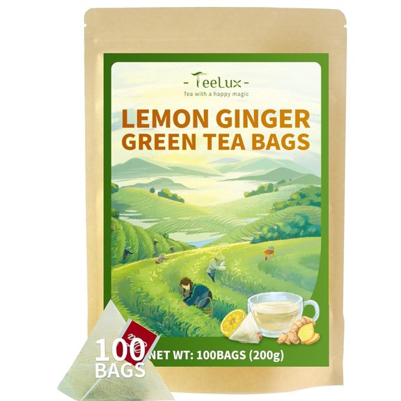 TeeLux Lemon Ginger Green Tea, Zesty Ginger with Brisk Sencha Green Tea, Refreshing Flavor, 100 Count
