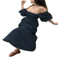thumbnail image 3 of Femmes Été Midi Robe Couleur Unie Carré Cou Lanterne Manches Taille Haute Casual Robe Plage Vacances Robe, 3 of 6