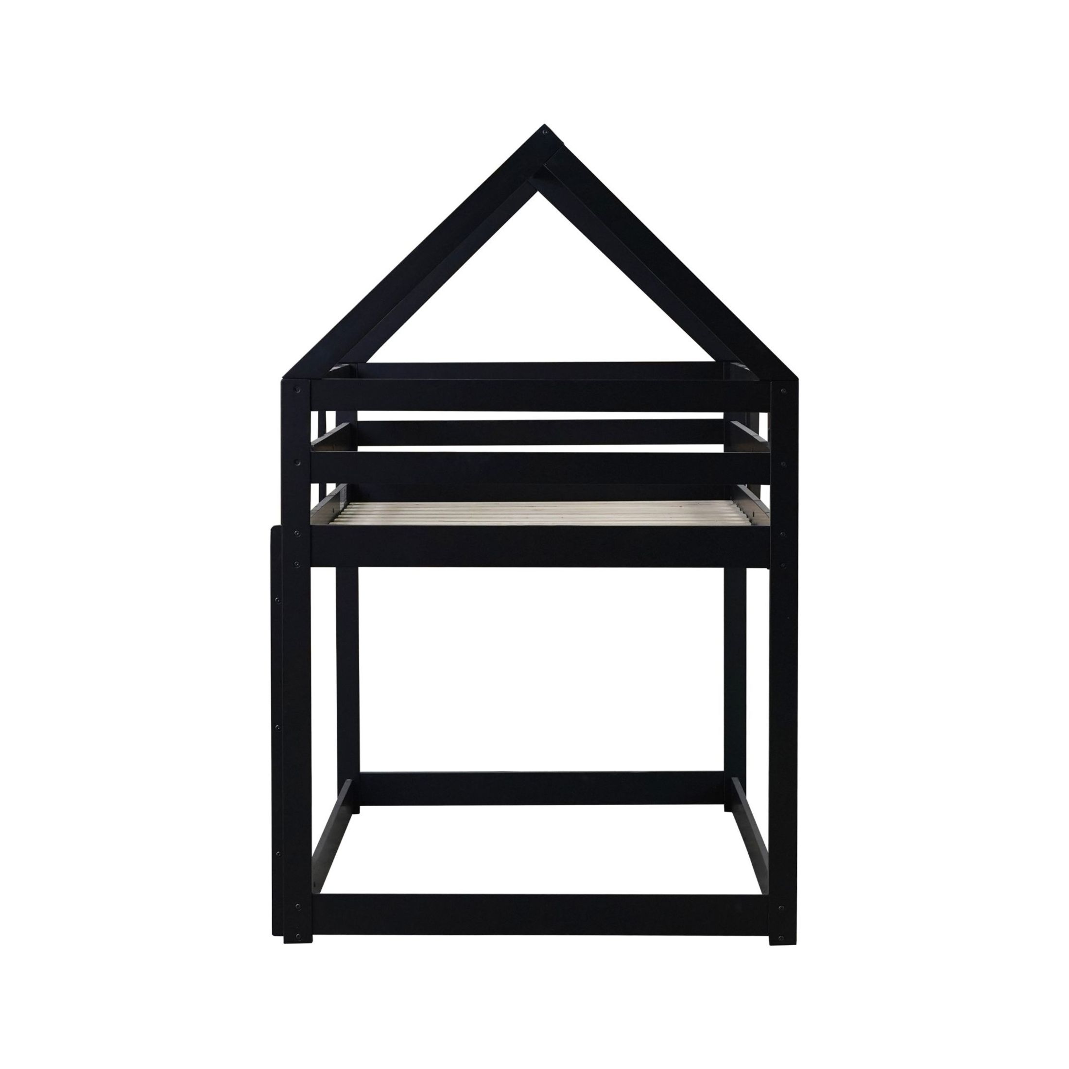 Noble House Sasa Twin over Twin Rubber Wood House Bunk Bed, Low Floor Design with Guardrails and Ladder, Black