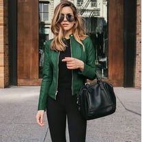 BOOMILK Women Leather Jacket Trendy Long Sleeve Open Front Short Motorcycle Suit Jacket Green