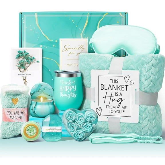 Gift Baskets for Women, 11 Pcs Self Care Gifts Get Well Soon Gifts, Ocean Relaxing Spa Bath Gifts Sets w/ Luxury Flannel Blanket, Mothers Day Gifts for Mom Her Wife Friends Sister Wife