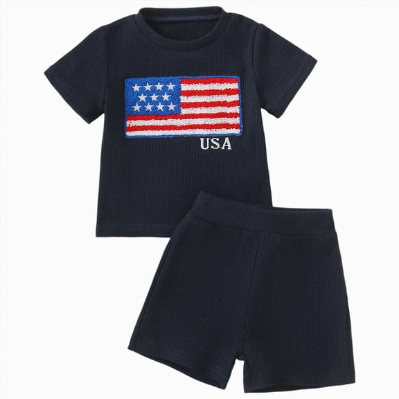 Baby Toddler Boy 4th of July Outfits 6 12 18 24 Months 2T 3T 4T Flag Embroidery Waffle Short Sleeves T-Shirt Elastic Shorts Set 2 Clothes Kaprioy Mamas Boy Baby Clothes