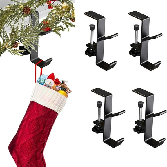 4 Pack Christmas Fireplace Stocking and Garland Hanger,Mantle Garland Holder for Hanging Christmas Stockings,Adjustable About 0.19 to 2.09 Inches Thickness Garland and Stocking Holder,Black
