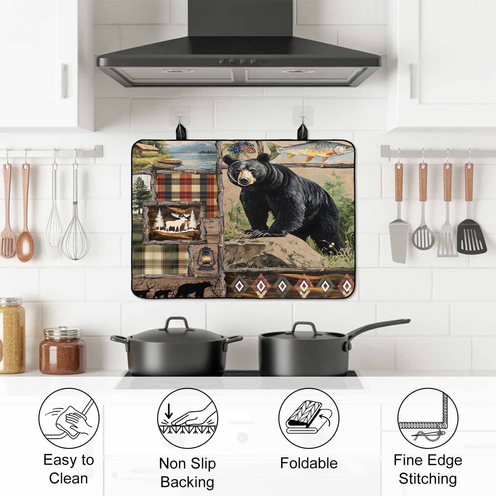 Vintage Black Bears Stove Top Cover for Electric Stove, Heat-proof & Non Slip Glass Top Stove Cover Protector, Abstract Country Plaid Fish Retro Kitchen Flat Cooktop Rubber Mat 24x21 Inches
