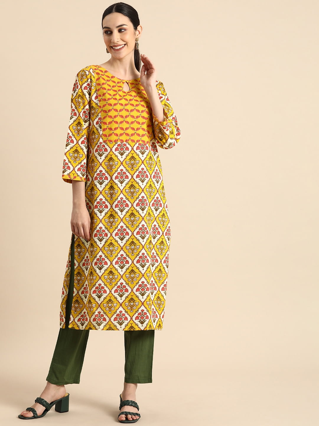 Anouk By Myntra Kurta For Women Mustard Yellow Ethnic Motifs Printed