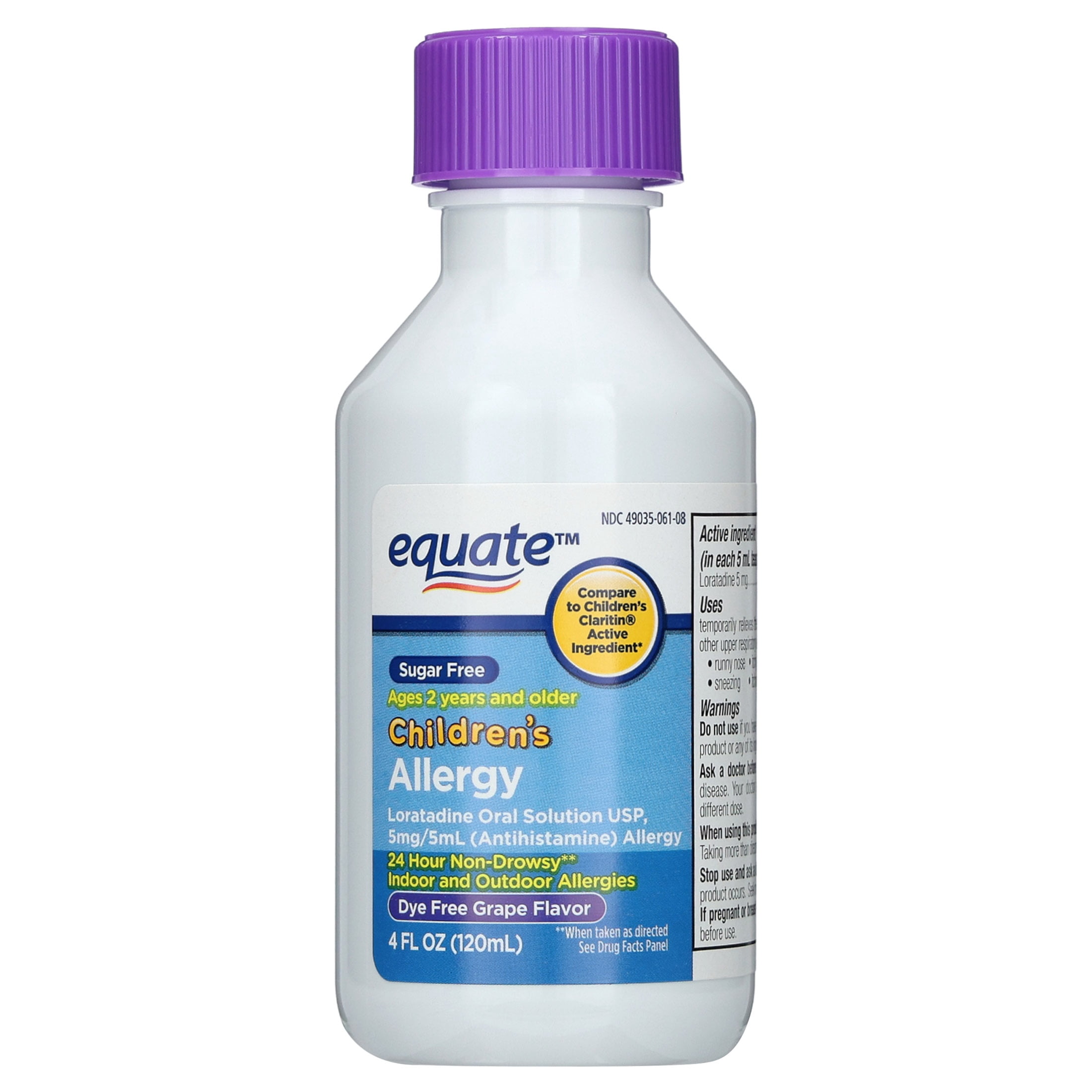 (3 pack) Equate Children's 24-Hour Non-Drowsy Loratadine Allergy Relief Oral Solution, Dye-Free Grape Flavor, Ages 2 Years and Older, 4 fl oz