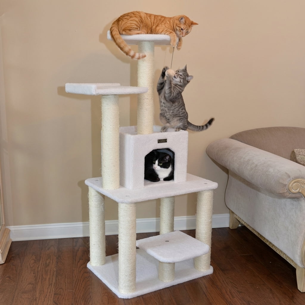 Multi-Level Cat Tree Tower with Sisal Scratching Posts, Cozy Condo, Perches and Hanging Toy, Beige, 62 Inches Height