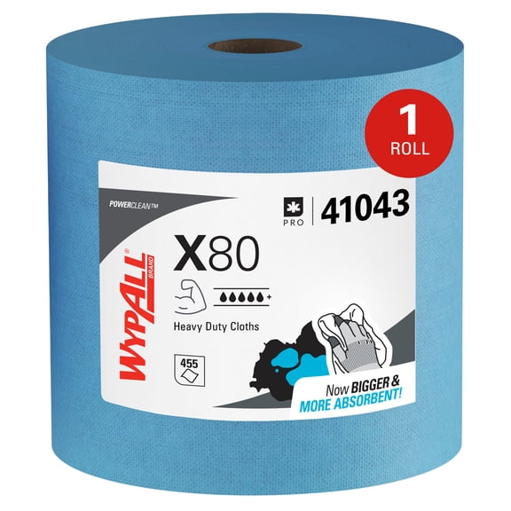 WypAll PowerClean X80 Cloths Heavy Duty Wipes (41043), Jumbo, Extended Use Towels, Blue (1 Roll of 455 Sheets, 455 Sheet Total)