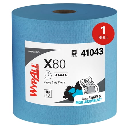 WypAll PowerClean X80 Cloths Heavy Duty Wipes (41043), Jumbo, Extended Use Towels, Blue (1 Roll of 455 Sheets, 455 Sheet Total)
