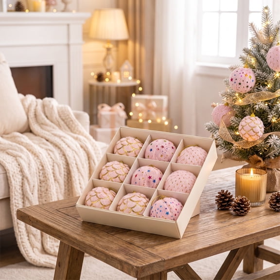 Kbndieu Christmas Tree Balls Ornaments, 9 Pcs Pink Christmas Tree Hanging Decor, Shatterproof Foam Christmas Balls for Holiday & Winter Xmas Decorations Wedding Party Decor