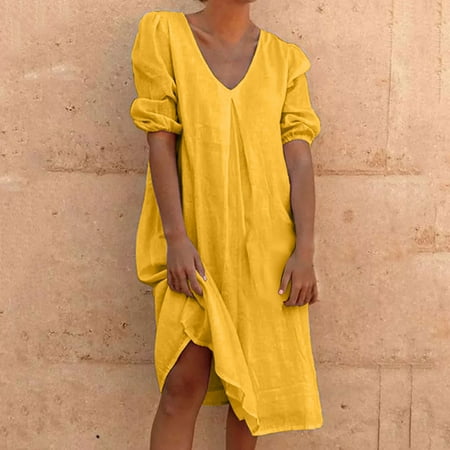 Usdian Graduation Dress V-Neck Short Sleeve Lightweight Plus Size Summer Dresses Womens Summer Outfits Lightweight Simple Solid for Casual Wear Yellow XXL Clearance only One Month