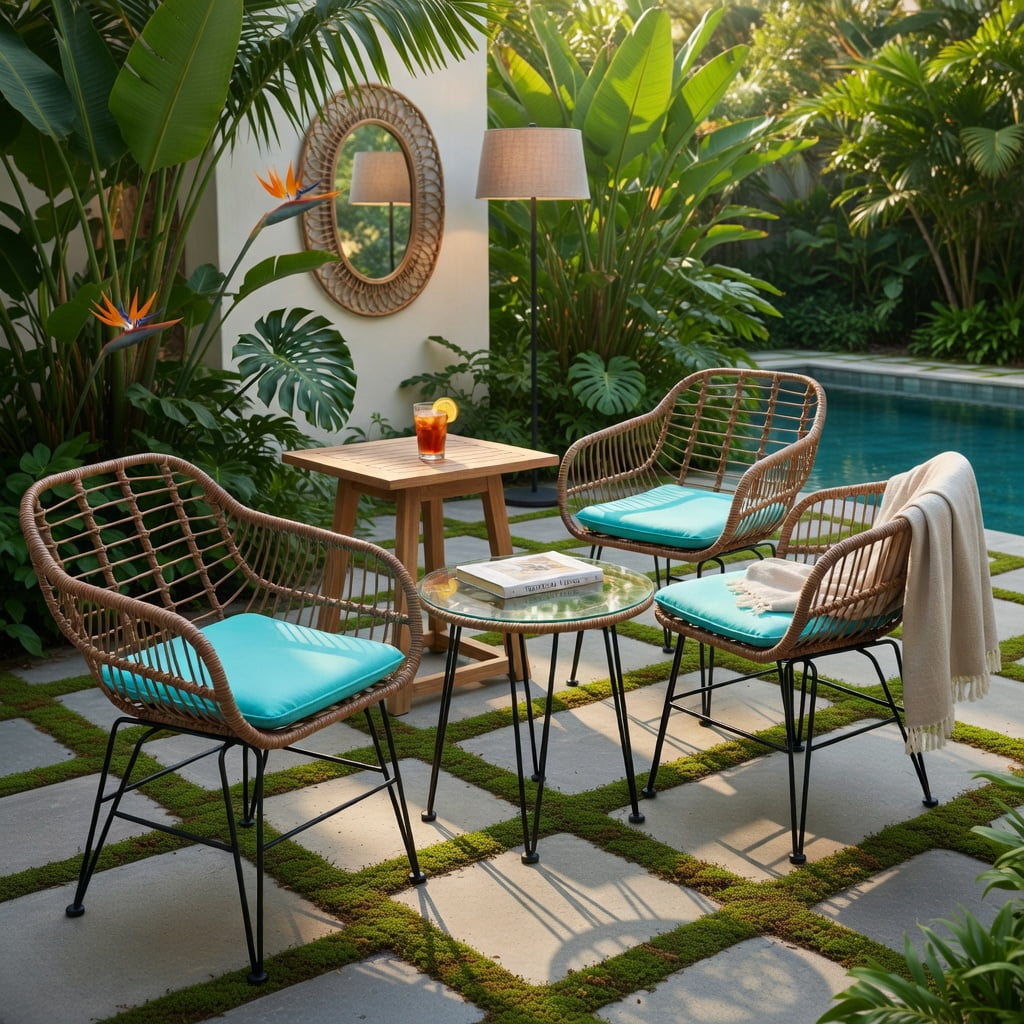 Hommoo 3-Piece Rattan Outdoor Furniture Set, 2 Cushioned Chairs + Tempered Glass Coffee Table, Turquoise