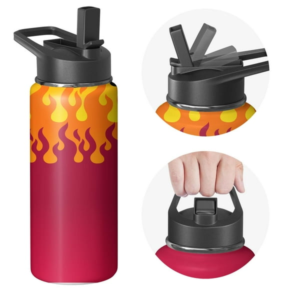 18oz Insulated Water Bottle with Straw & Cleaning Brush, Wide Mouth Stainless Steel Flask, Flame Print