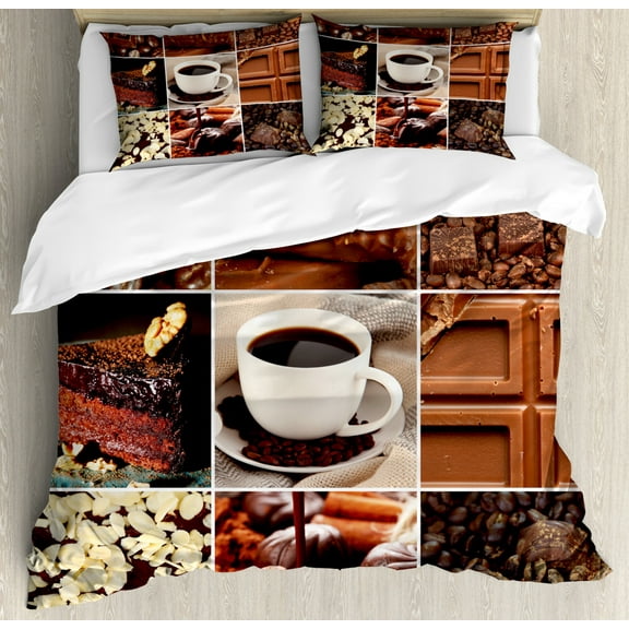 Brown Duvet Cover Set King Size, Coffee and Chocolate Tasty Collage Beans Mugs Snacks Pastries Espresso Cocoa Composition, Decorative 3 Piece Bedding Set with 2 Pillow Shams, Brown, by Ambesonne