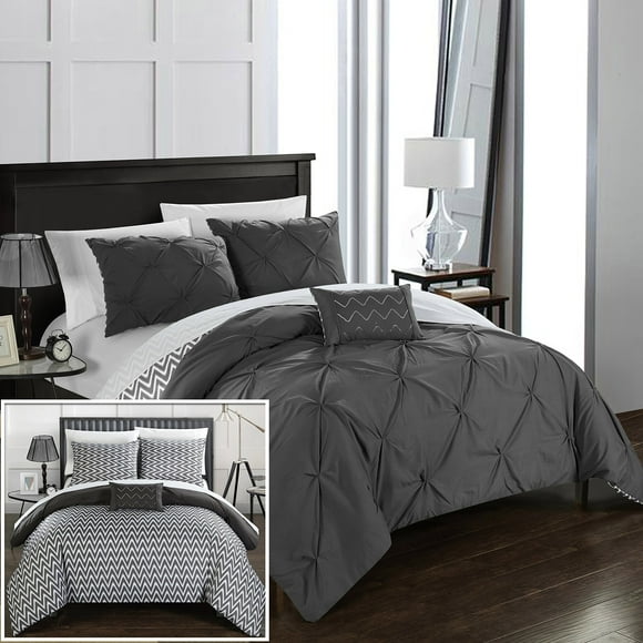 Chic Home Jacky 4 Piece Reversible Comforter Bedding Set, Full/Queen, Grey