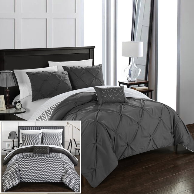 Chic Home Jacky 4 Piece Reversible Comforter Bedding Set, Full/Queen, Grey
