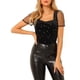 thumbnail image 1 of INSPIRAR CHIC Blusa de terciopelo negra de manga corta con cuello cuadrado y patrón de estrellas brillantes, 1 of 7
