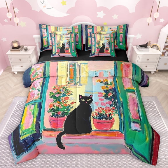 Manfei Kawaii Black Cat Twin Bedding Sets 7-Piece for Child Teens,Chic Floral Flower Bedding Comforter Set Microfiber,Retro Vintage Aesthetic Breathable Sheet Sets,Microfiber Bedroom Decor