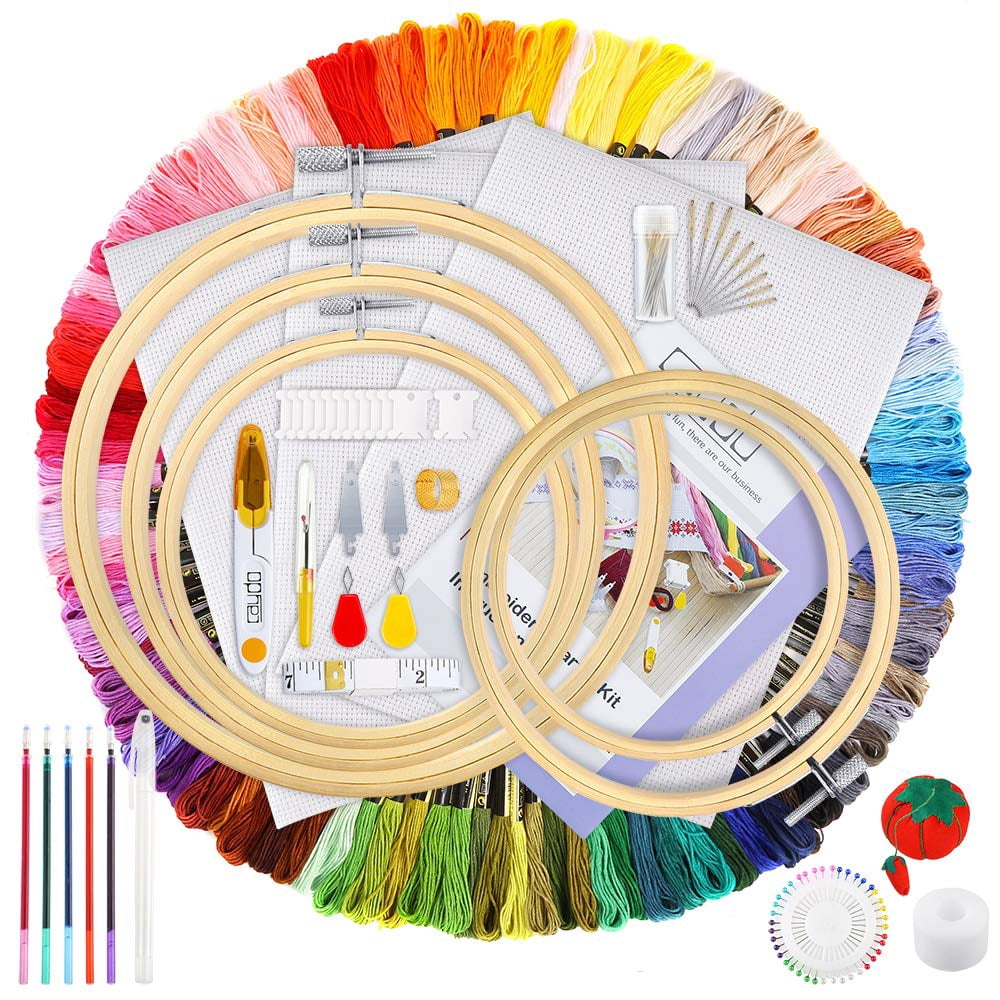 Kit De Broderie Débutant Complet – Motif Fleurs Imprimé, Cerceau, Fils, Aiguilles, Ciseaux, Instructions En Anglais