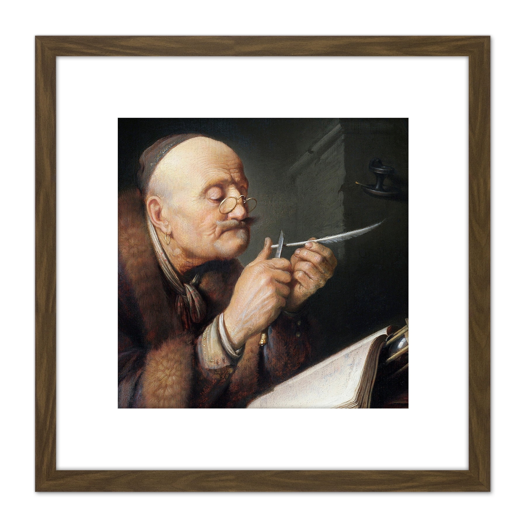 Dou Scholar Sharpening Quill Pen Painting 8X8 Inch Square Wooden Framed