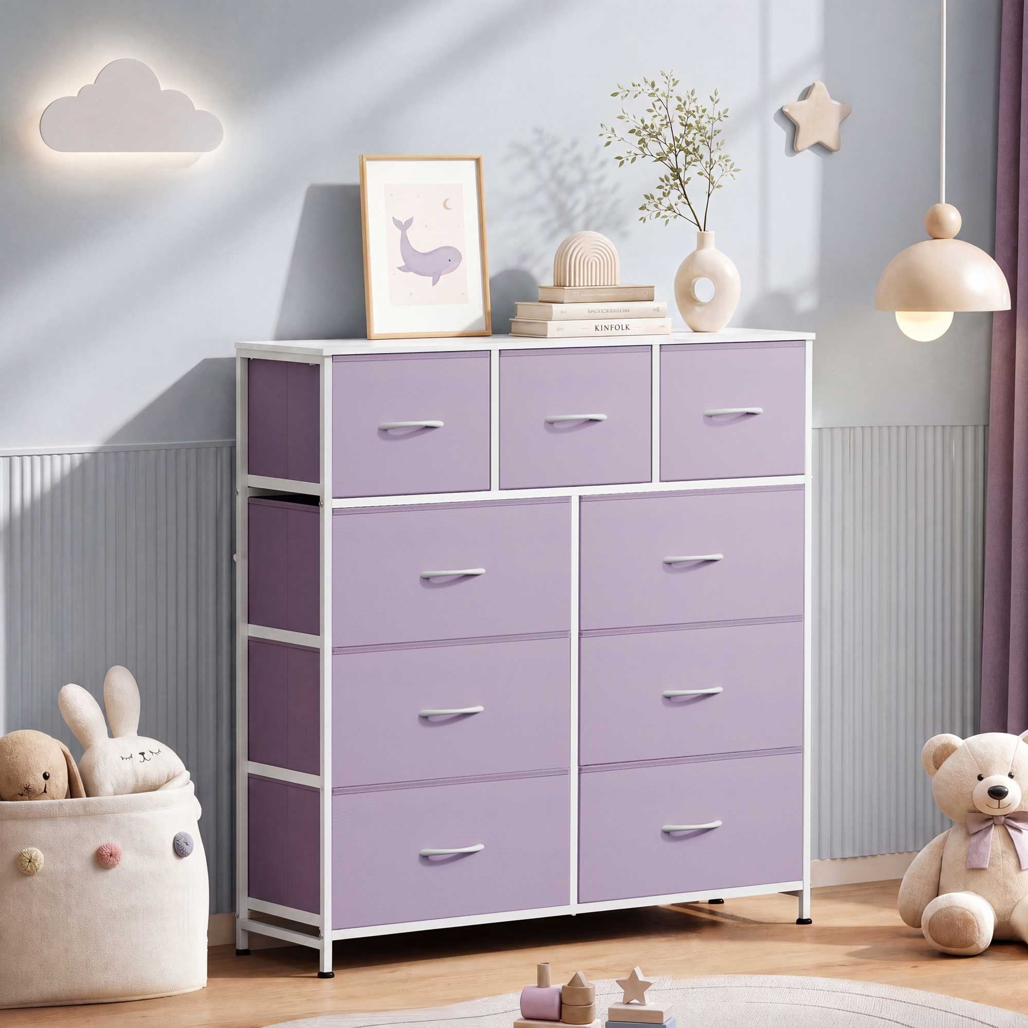 GALAXHERO 9-Drawer Fabric Dresser, Tall Storage Tower for Bedroom, Hallway, Entryway, Closet, Chest Organizer Unit with Fabric Bins, Steel Frame, Wood Top, Easy Pull Handle, Purple