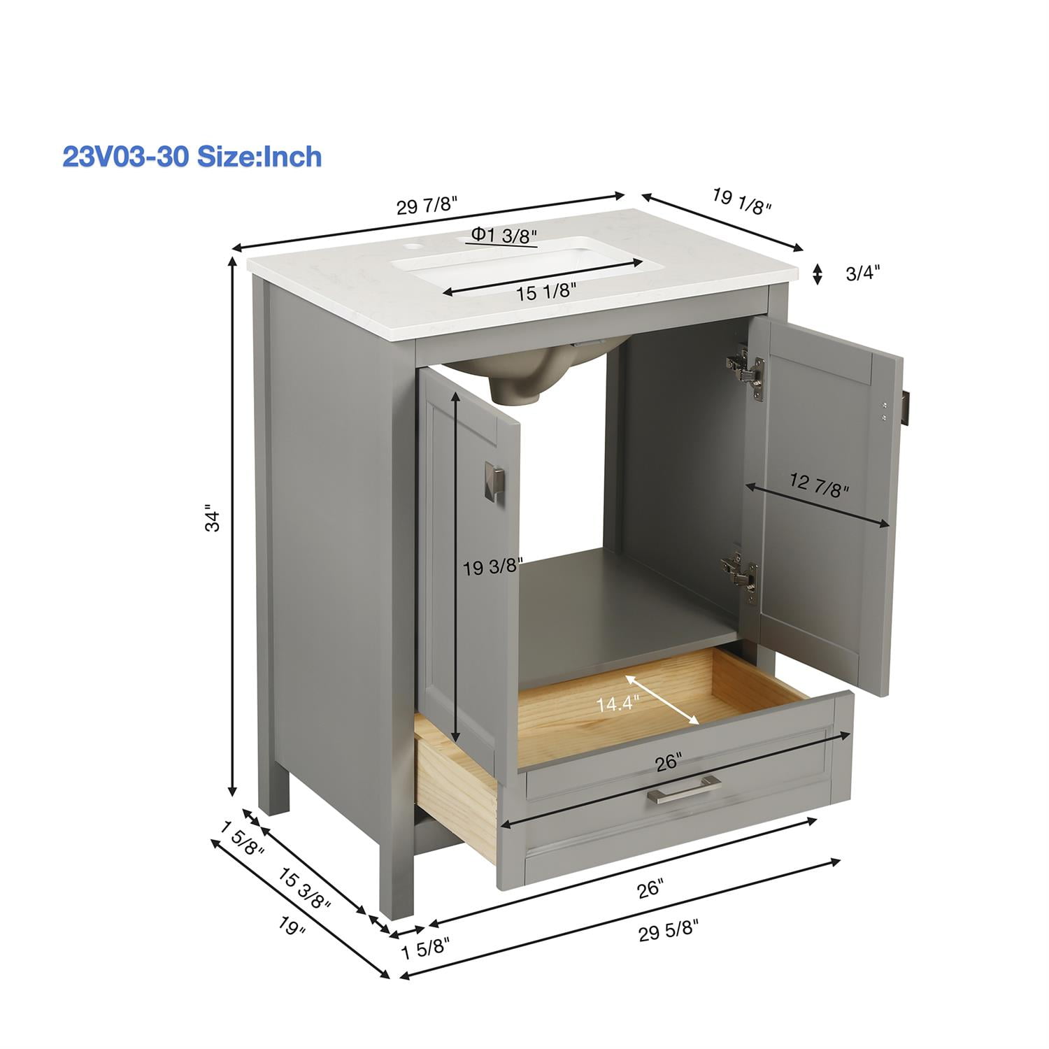 Demi Bonn 30" Freestanding Bathroom Vanity with Sink, Carrara Engineered Marble Vanity Top, Soft-Close Door, Under-mounted Rectangular Ceramic Sink, Gray