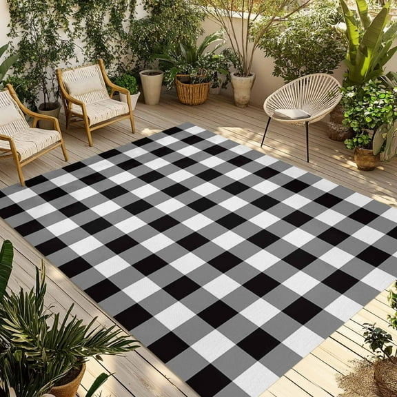 Fsddascl Black and White Checkered Outdoor Rug for Patio/Deck/Porch, Non-Slip Large Area Rug 5 x 8 Ft, Farmhouse Buffalo Plaid Indoor Outdoor Rugs Washable Area Rugs, Reversible Camping Rug Carpet