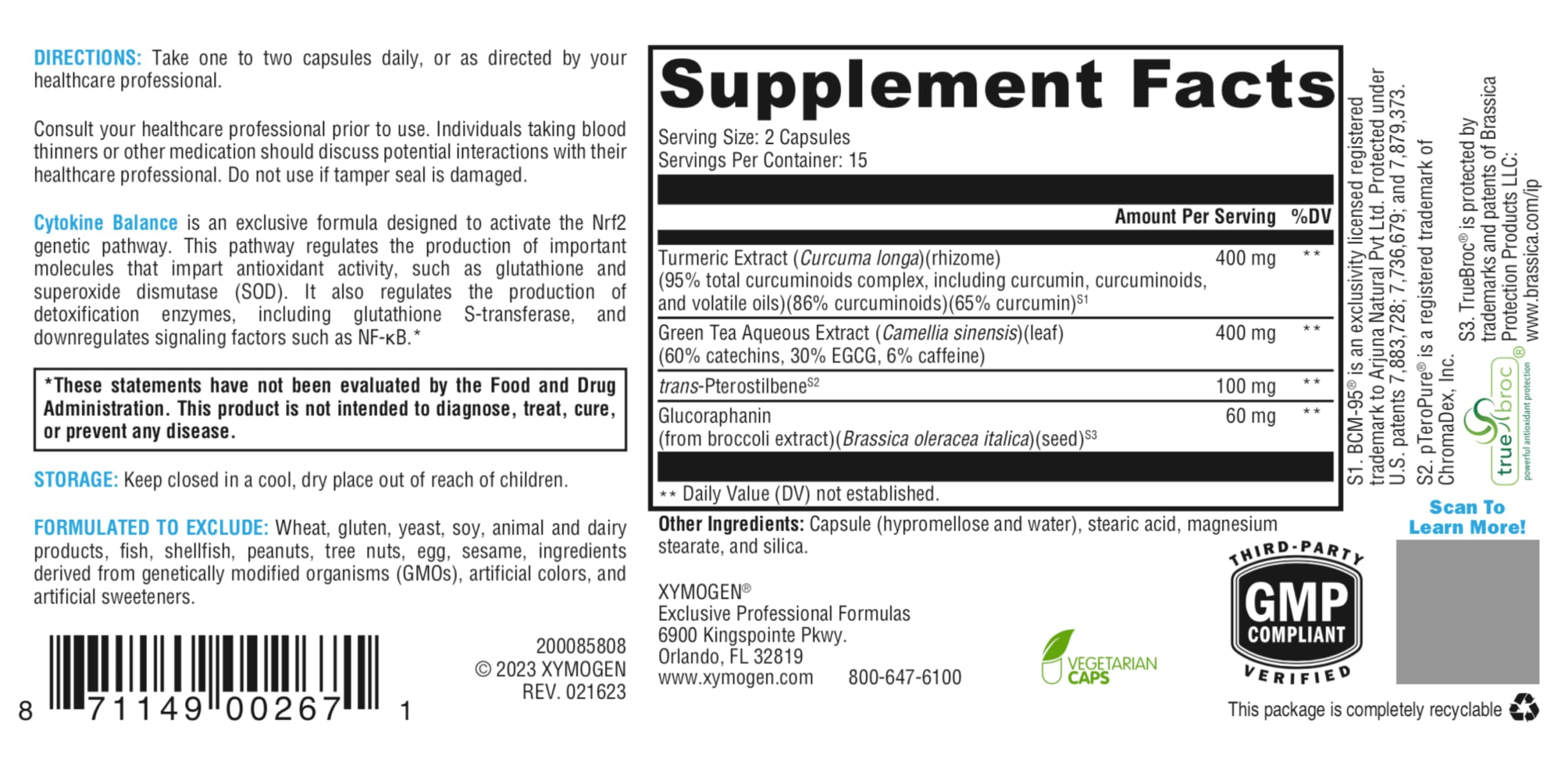 XYMOGEN Cytokine Balance - Antioxidant & Cellular Detox Support - 400 mg Turmeric Extract - Features Nrf2 Activators - Vegan & Non-GMO - 30 Capsules