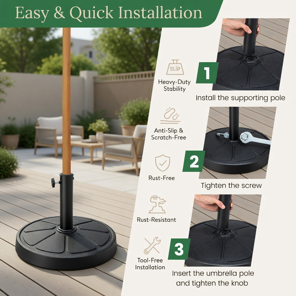 Resenkos Outdoor Umbrella Base, 31LBS 18 Inch Round Outdoor Umbrella Base, Black