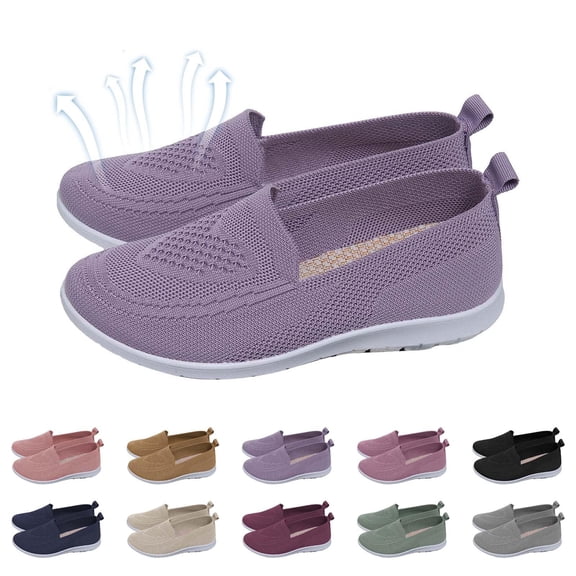 Domzle Orthopedic Slip on Walking Shoes for Women Comfortable Embroidered Arch Support Wide Width Work Sneakers Nurse Shoes for Women Beige Light Purple
