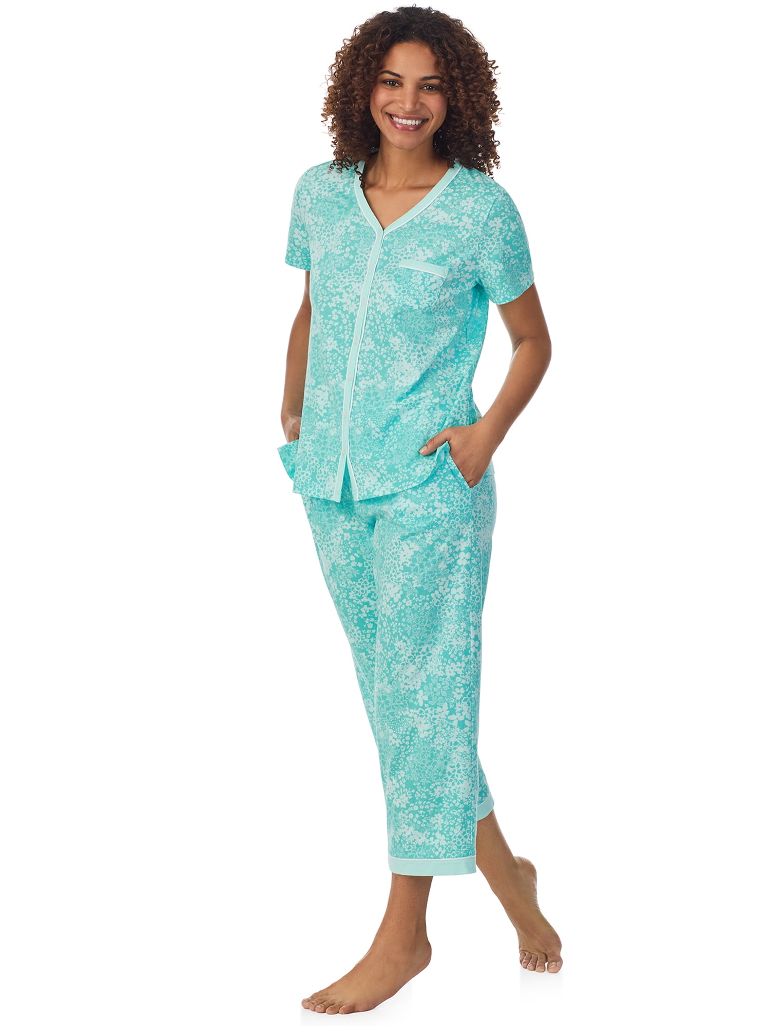 Aria Short Sleeve 100% Cotton Cropped Pajama Set with Pockets, Women’s Sizes S-3X