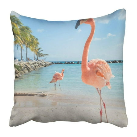 Caribbean Bird (ARTJIA Pink Aruba Three Flamingos on the Beach Blue Bird Caribbean Flying Sea Summer Africa Animal Pillowcase 20x20)