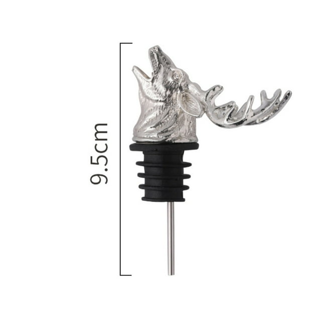 Tapón vertedor para botella de vino y licor de acero inoxidable con forma de cabeza de ciervo de metal.