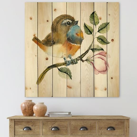 Designart 'Bluethroat Bird Sitting On A Branch' Traditional Print on Natural Pine Wood