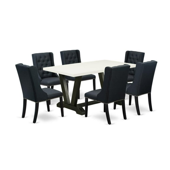 East West Furniture V-Style 7-piece Dining Set with Linen Seat in Black