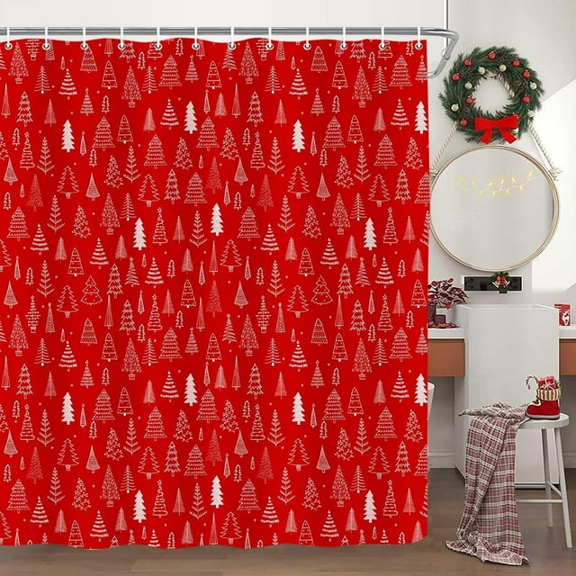 Rideau de Douche de Noël, Rideaux de Douche d'Hiver Rouges et Blancs avec Sapin de Noël, Rideau de Bain en Tissu Lavable Accessoires de Salle de Bain Déco avec 12 Crochets 72x72 Pouces