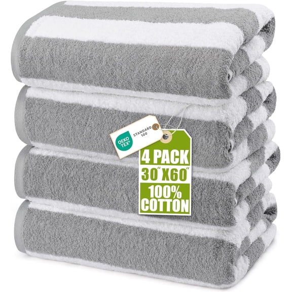 Utopia Towels Pack of 4 Cabana Beach Towels, Oversized 30 x 60 Inches Cotton Beach Towel Set, Smooth Ring Spun Texture for Pool and Swim Days, Modern Striped Design Bath Towels, Grey