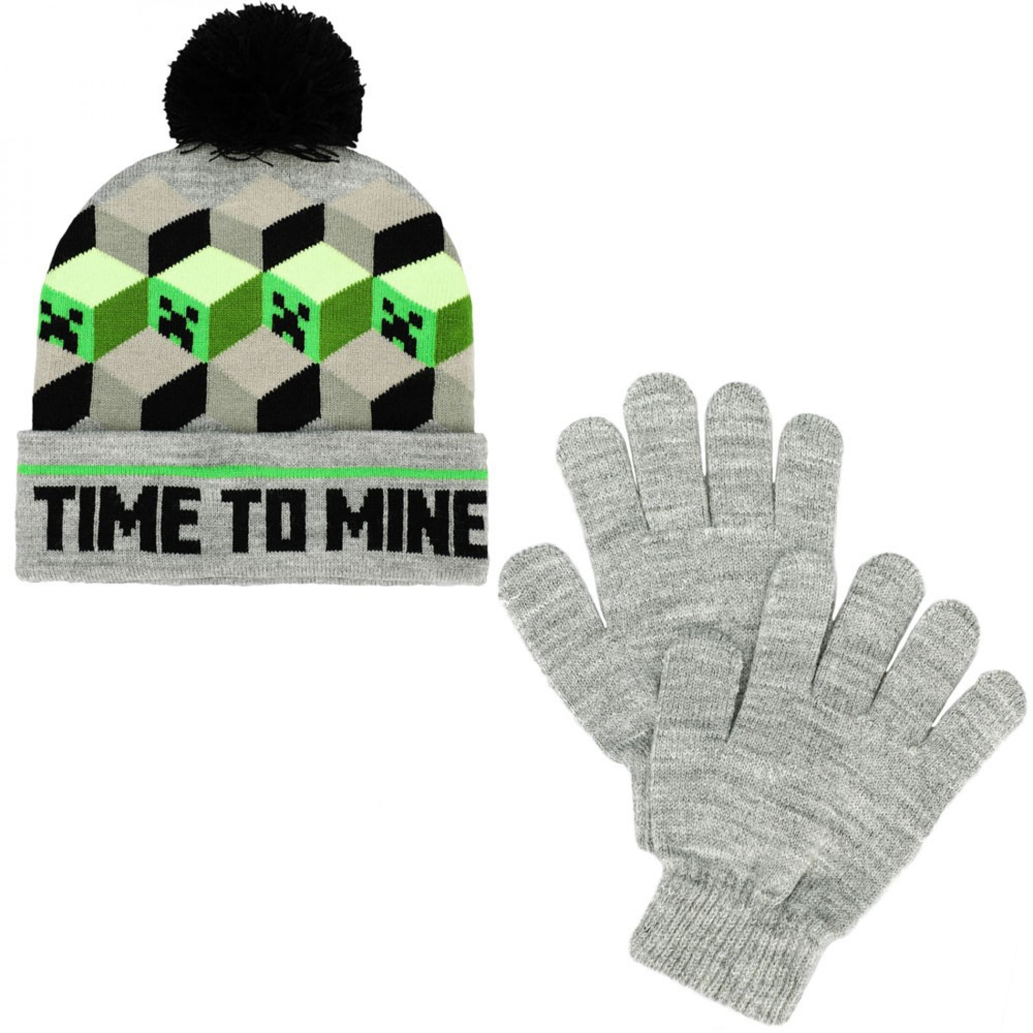 Minecraft Creeper Face Green Pom Pom Woolly Hat and Gloves Set 