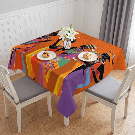Black Orange Girls Boho Table Cloth Waterproof Tablecloths, Retro Ethnic Abstract Art Tablecloth Dining Table Cover for Kitchen Party Tabletop Outdoor, Square Tablecloth 54x54 Inch