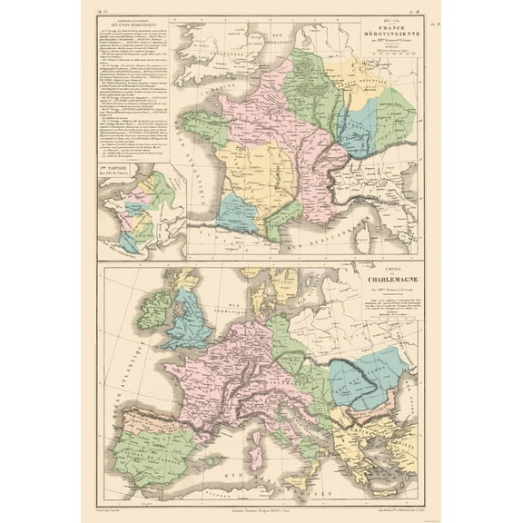 Historic Map - Europe Carolingian Empire Merovingian Dynasty - Drioux 1882 - 23 x 33.31 - Vintage Wall Art
