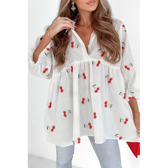I AM A FASHION JUNKY White Cherry Print Flounce Sleeve Collared Frilled Babydoll Blouse (White, M, 100%Polyester)
