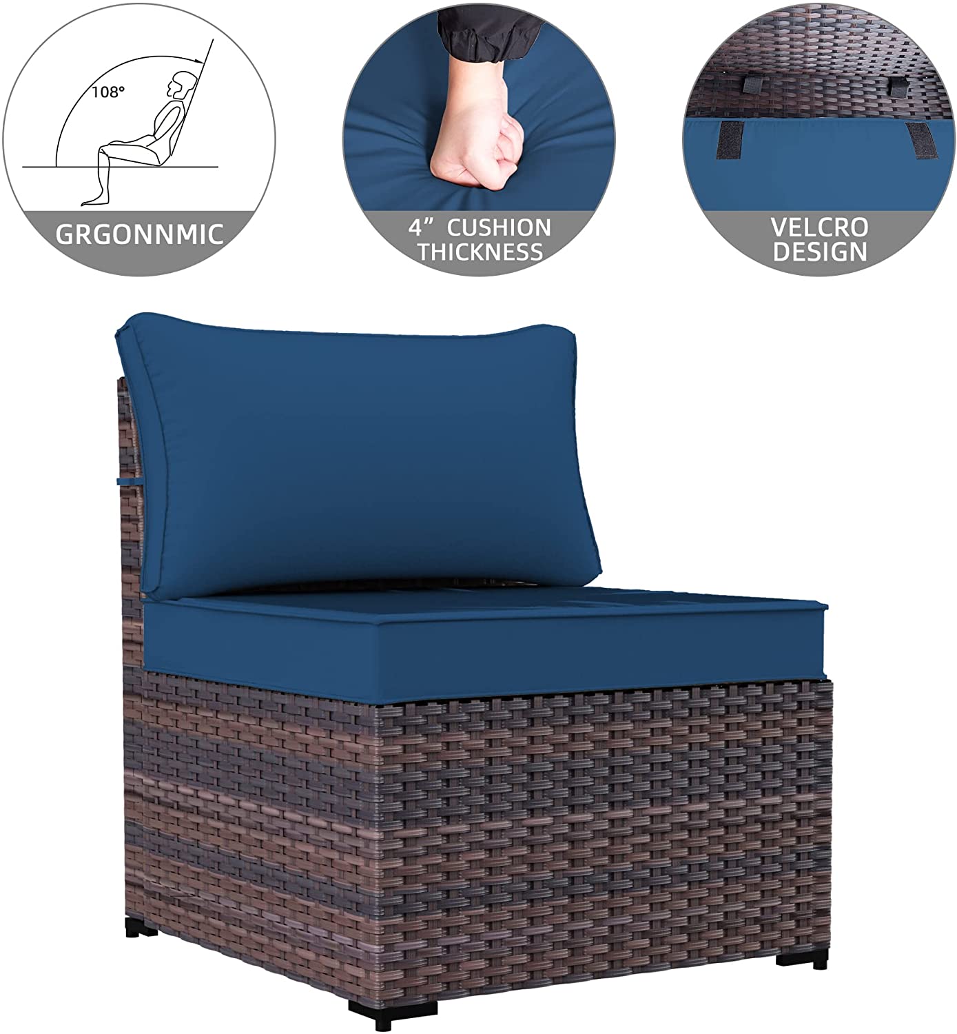 Kullavik 6 Pieces Patio Furniture Sets All Weather Outdoor Sectional Sofa Manual Weaving Wicker Rattan Patio Conversation Set with Cushion and Glass Table (Navy Blue)