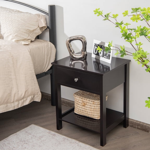 Amijoy Nightstand with Drawer Storage Shelf Wooden Bedside Sofa Side Table Black